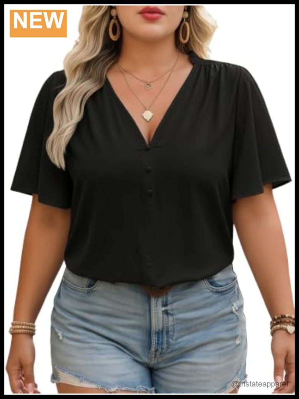 Womens Plus Size Ruffle Sleeve Blouse V Neck Button Front Dressy Top